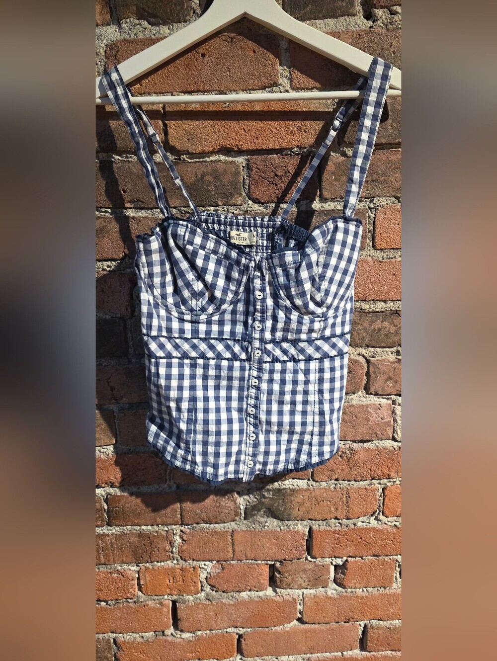 Y2k Hollister Navy and White Gingham Button-Front Bustier Cami